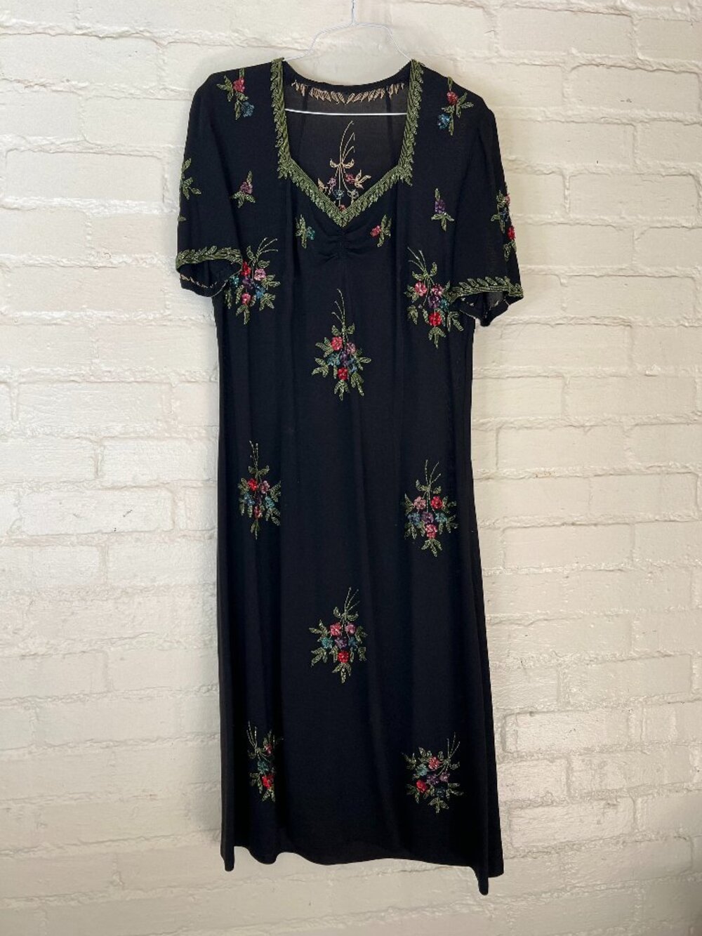Rare Vintage Couture 1940's Black Floral Glass Bead Black Shift Dress Medium